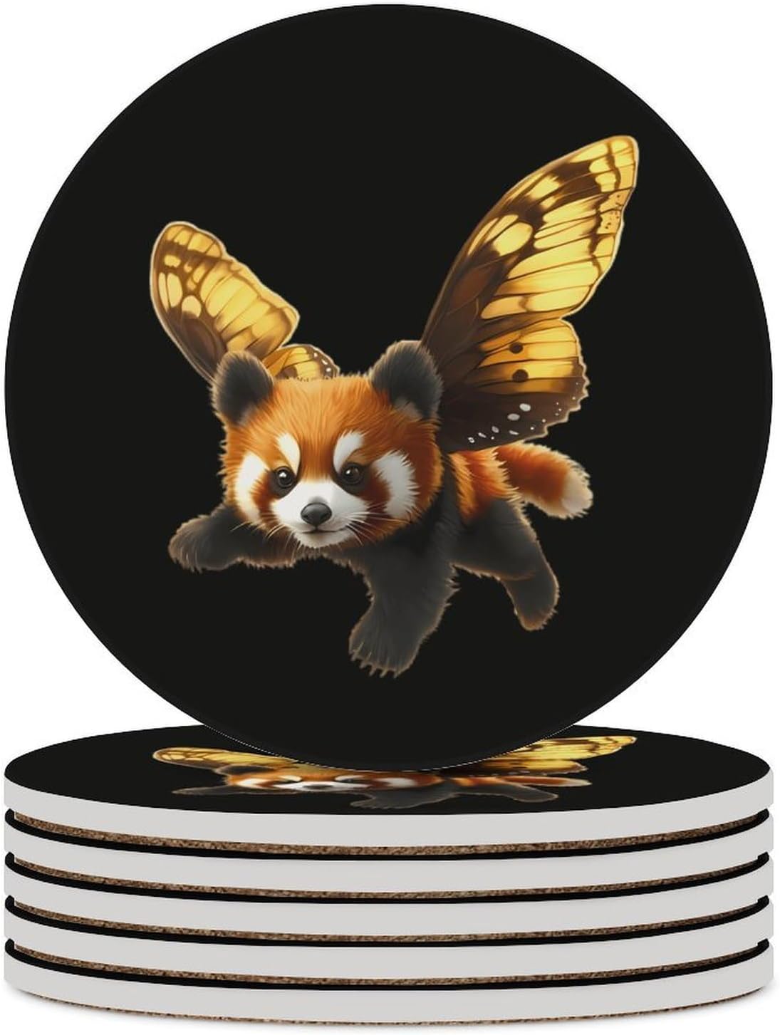 Flying Red Panda Round Ceramic Coasters Print Drinks Absorbent with Cork Base for Home Decor Gifts 4 Inch