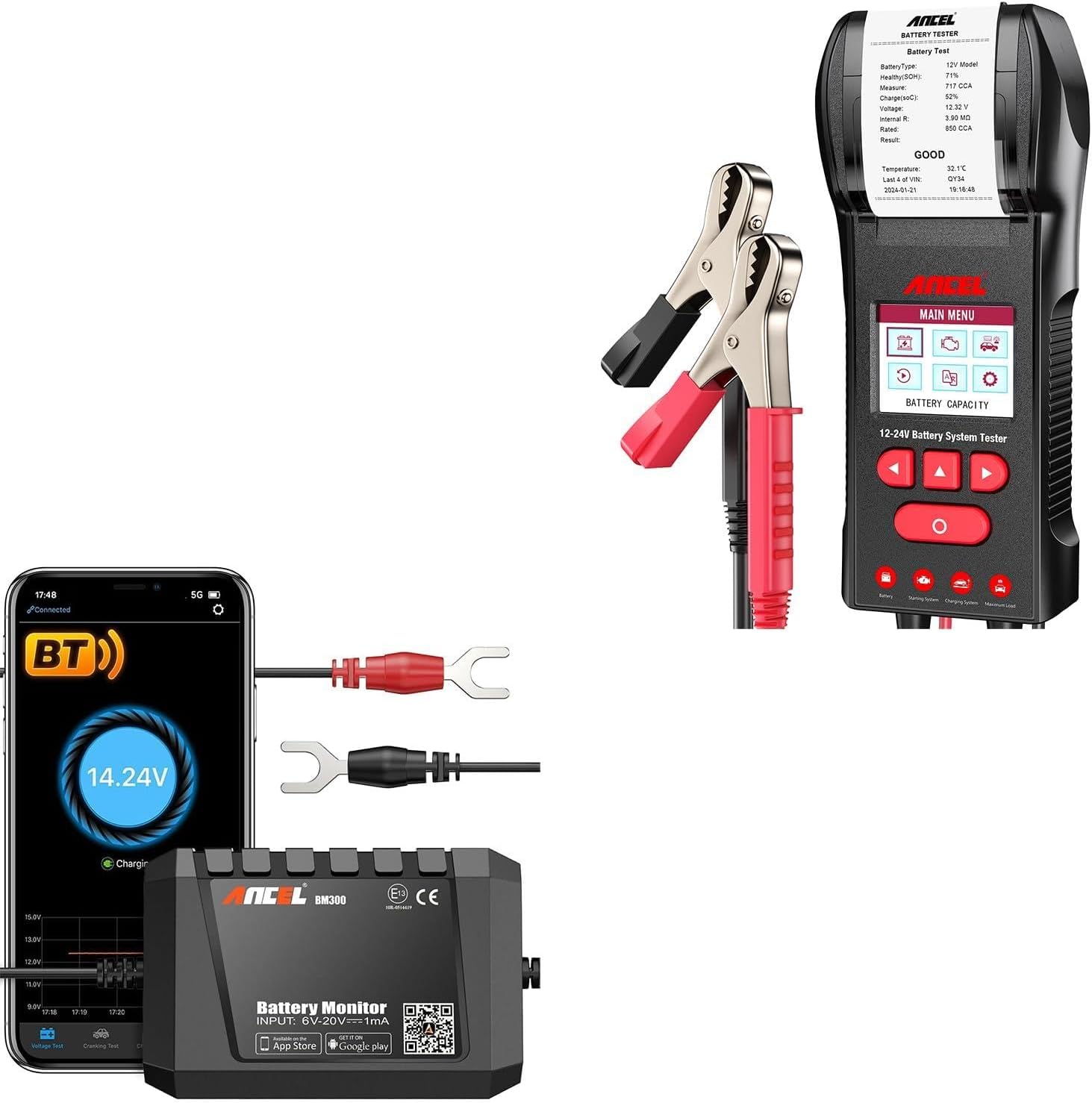 ANCEL BM300 12V Battery Monitor with ANCEL BST600 Car Battery Tester with Printer - 12V/24V, 100-2000 CCA