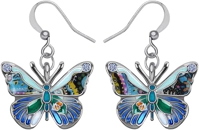 Enamel Alloy Rhinestone Butterfly Earrings Dangle Fashion Insect Jewelry For Women Girls Charm Gift (Blue)