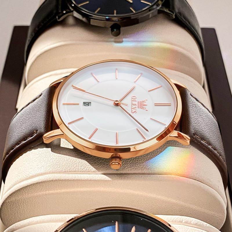 OLEVS Mens Watches Mens Leather Watch Ultra Thin Watches for Men Minimalist Watch with Leather Band Quartz Analog Dress Casual Simple Lightweight relojes para Hombres Brown belt rose shell white mirror image 9 of 9 B07D22HYXR