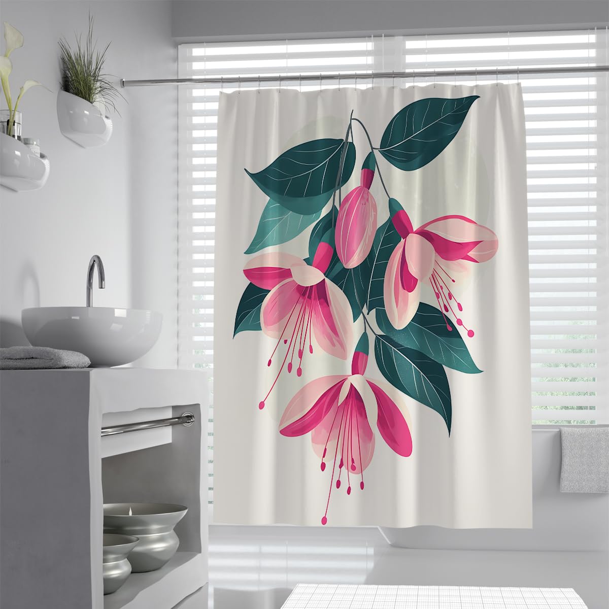 UERWOWELL Minimalist Nordic Blossom Shower Curtain Elegant Watercolor Botanical Shower Curtain Waterproof Polyester Bath Curtains Washable Fabric Pink W200xL200 cm