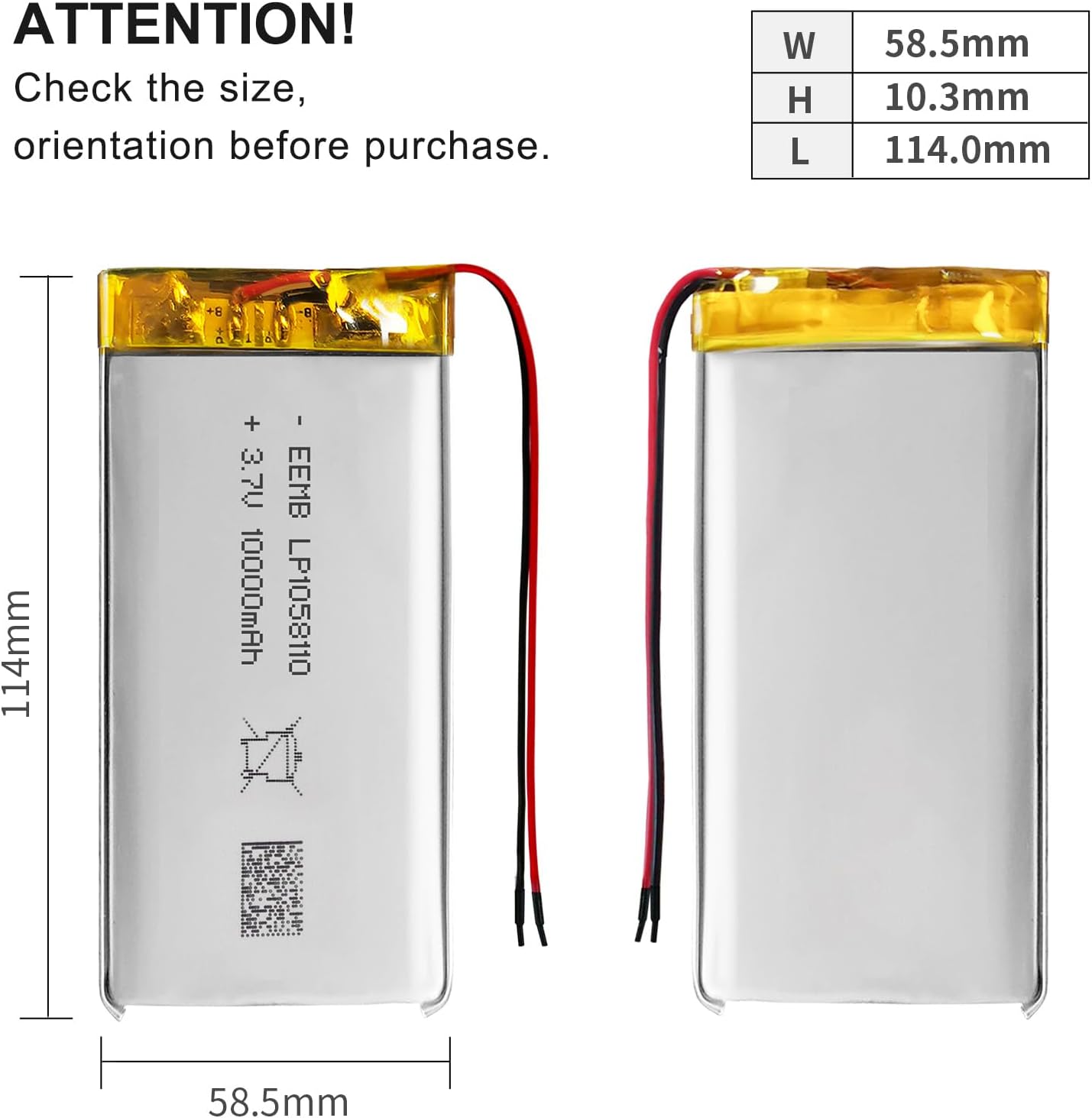 EEMB 3.7V 10000mAh Lithium Polymer Battery - 1058110 Lipo Rechargeable Battery for Bluetooth Speaker, Wireless Devices, Portable Electronics - No Connector