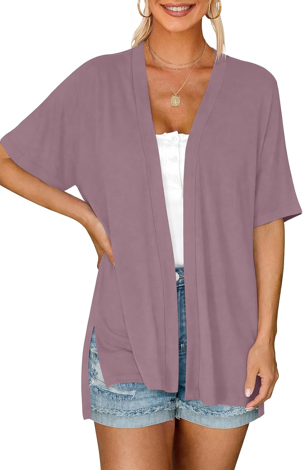 Yincro Womens Short Sleeve Cardigan Summer Open Front Casual Soft Cardigans | Loose Fit, Lightweight for Layering, Side Slit High-Low Hem