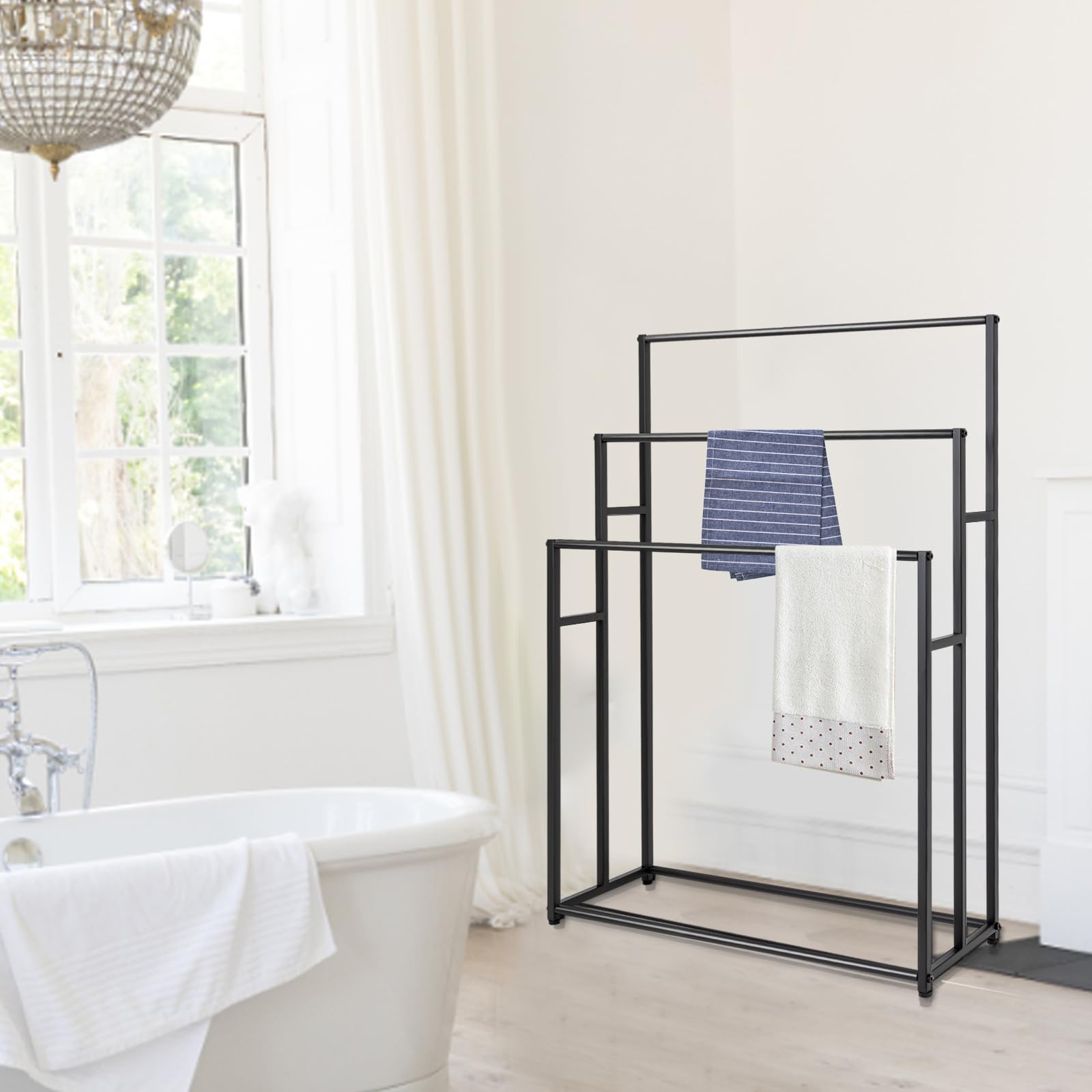 Toallero de pie oscuro grande, toallero de pie de 3 niveles, toallero de techo, soporte de toalla de baño de gran tamaño para secar toallas para dormitorio, baño o piscina