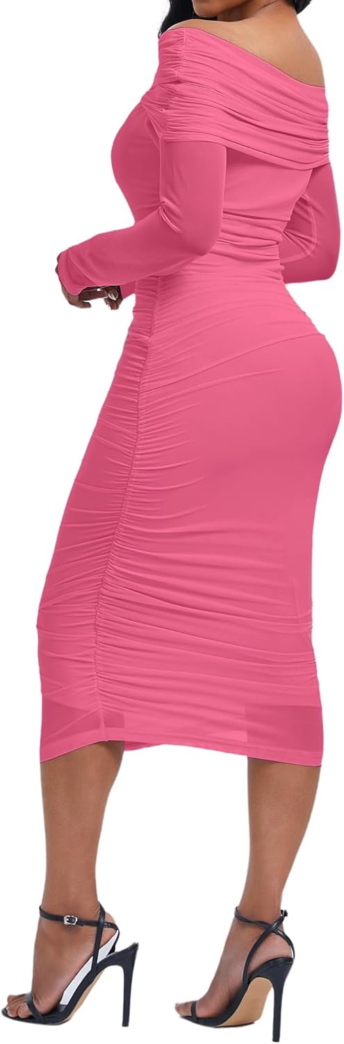 Women Off Shoulder Ruched Going Out Formal Club Bodycon Mesh Dress - Image 2