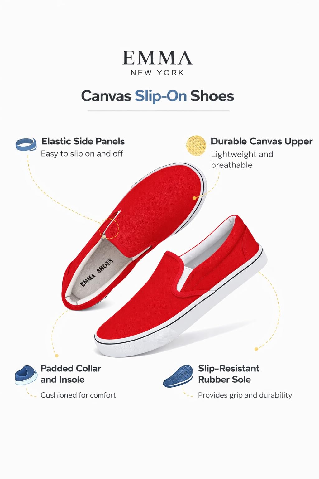 Emma Shoes Low-Top Slip Ons Women's Fashion Sneakers Casual Canvas Sneakers for Women Comfortable Flats Breathable Padded Insole Slip on Sneakers Women Low Slip on Shoes, Red, 8