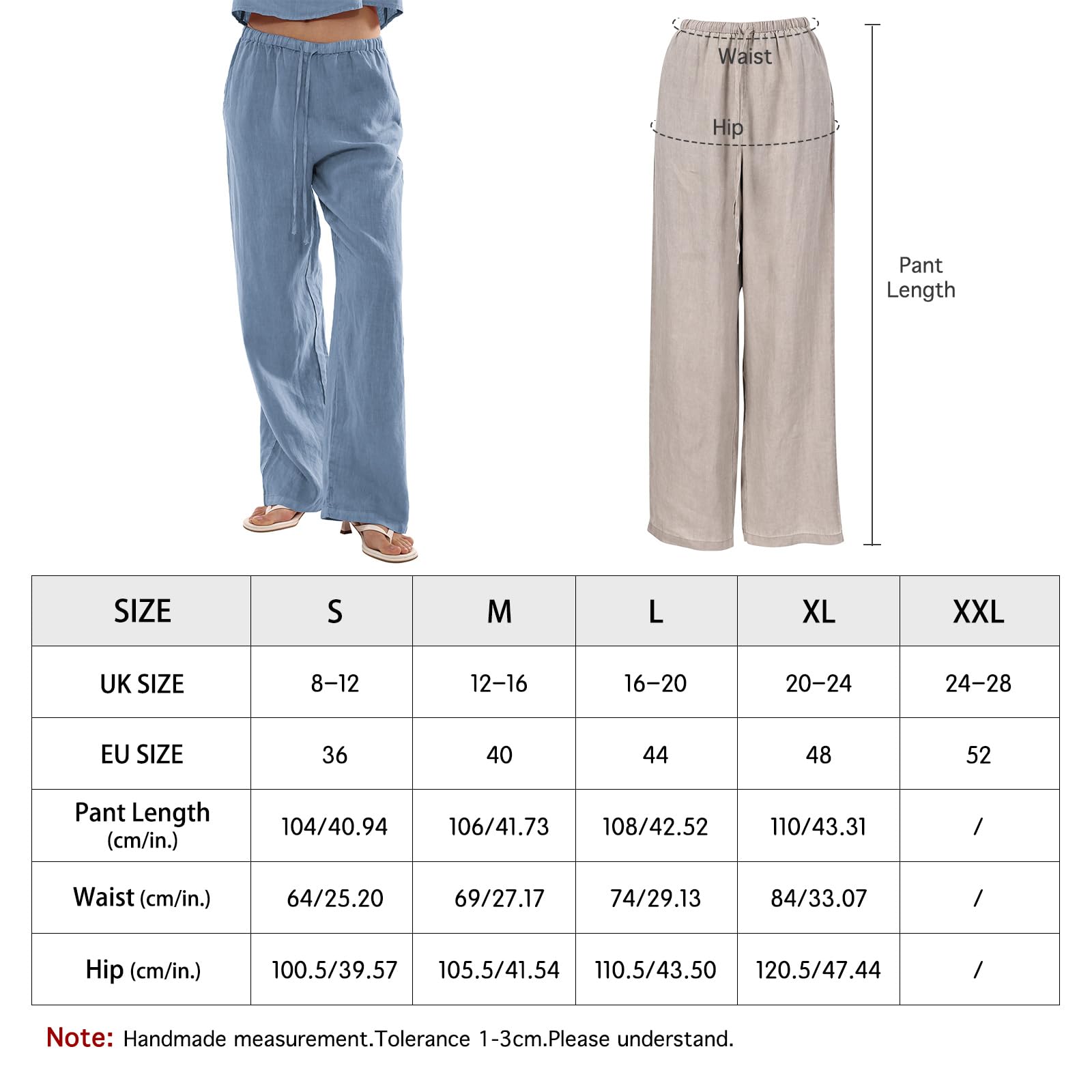 Amazhiyu Pantaloni da donna in 100% lino, da donna, tinto a pianta, estivi, vestibilità ampia, casual, in lino, a gamba larga, con tasche