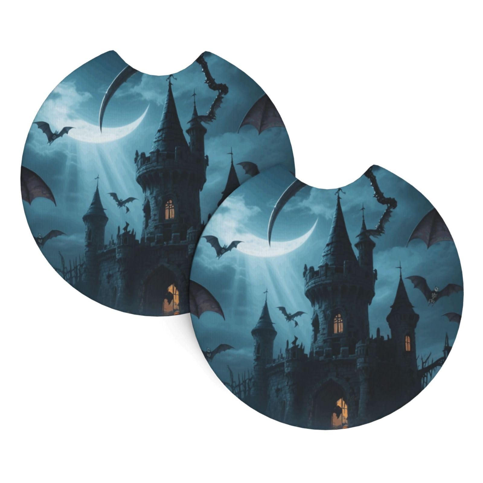 2 Pack Car Coaster for Cup Holders Halloween Moon and Bat Car Cup Coaster 2.7" Neoprene Non-Slip Automotive Cup Mat Universal Auto Car Interior Accessories for Women Men Cup Pad