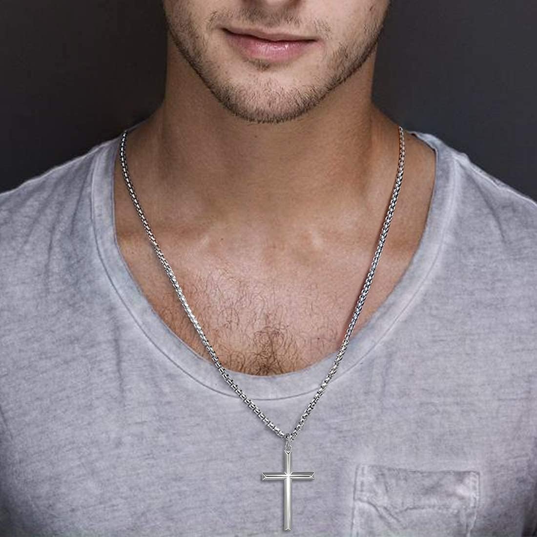 FANCIME Cross Necklace for Men Sterling Silver Cross Necklaces High Polished Gift For Men, Stainless Steel Box Chain Length 24 Inch - Image 2