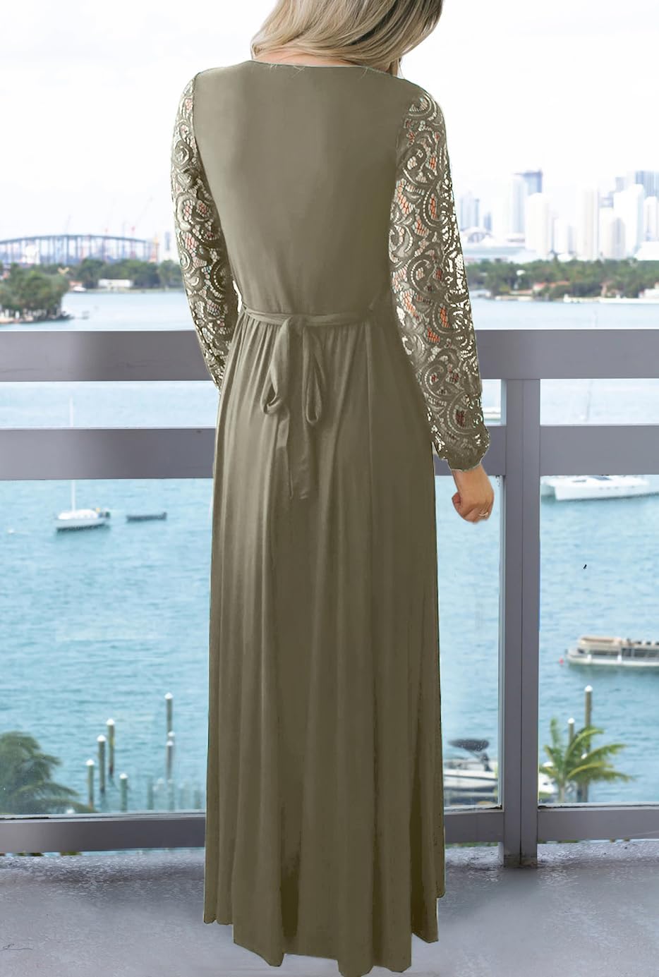 Kranda Womens Vintage Floral Lace Long Sleeve Faux Wrap V Neck Party Long Maxi Dress - Image 4