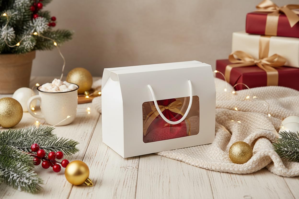 Emartbuy Weiße Kraft-Geschenkboxen mit Fenster & Griff - Größe 2 (20 × 15 × 11 cm) - Luxus-Präsentationsboxen für Bäckerei & Firmengeschenke - 96 Stück