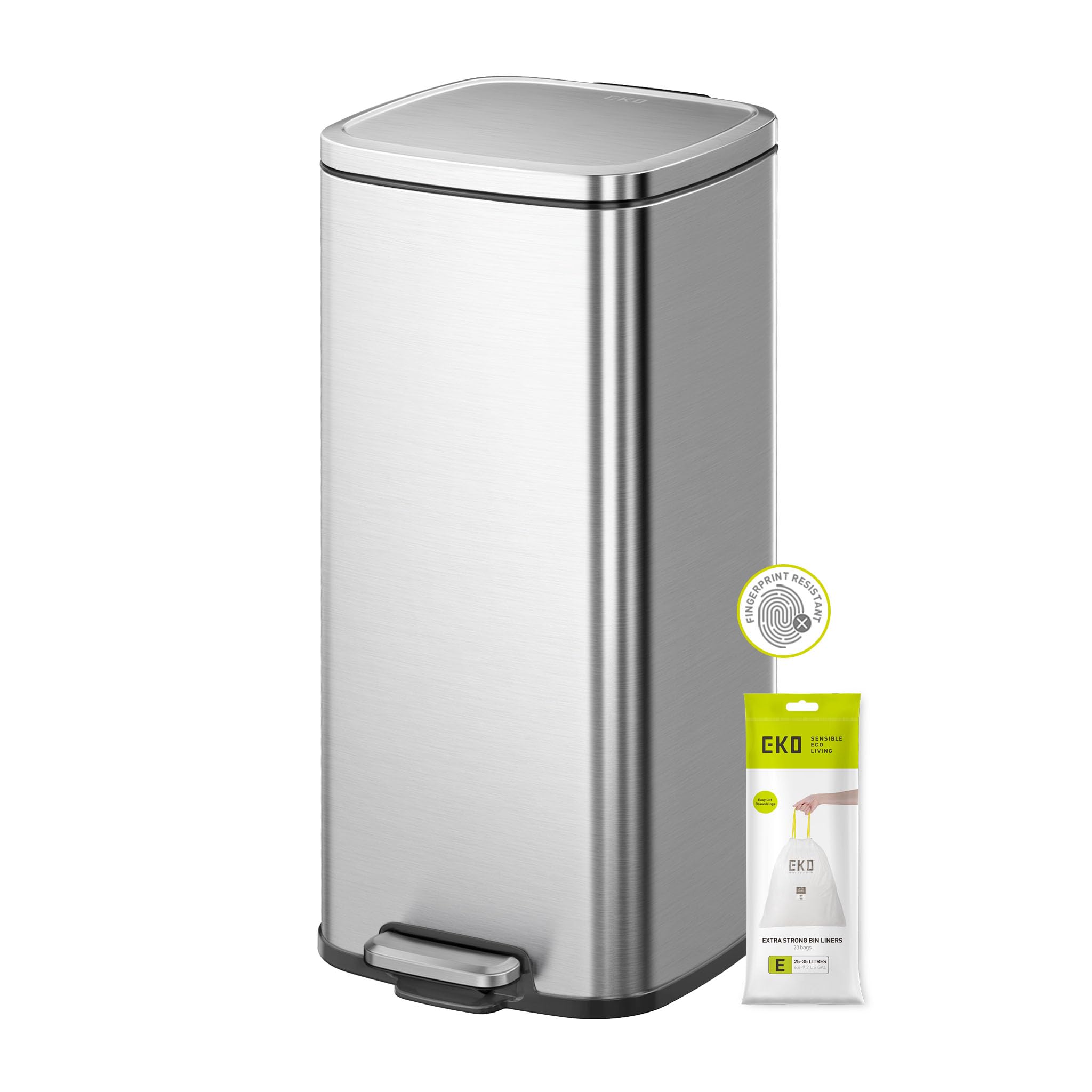 Eko Silver Stella Pedal Bin 30 Litres, Step Bin With Soft Close Lid, Removable Inner Bucket, Perfect For Kitchen, Home, Office, Stainless Steel