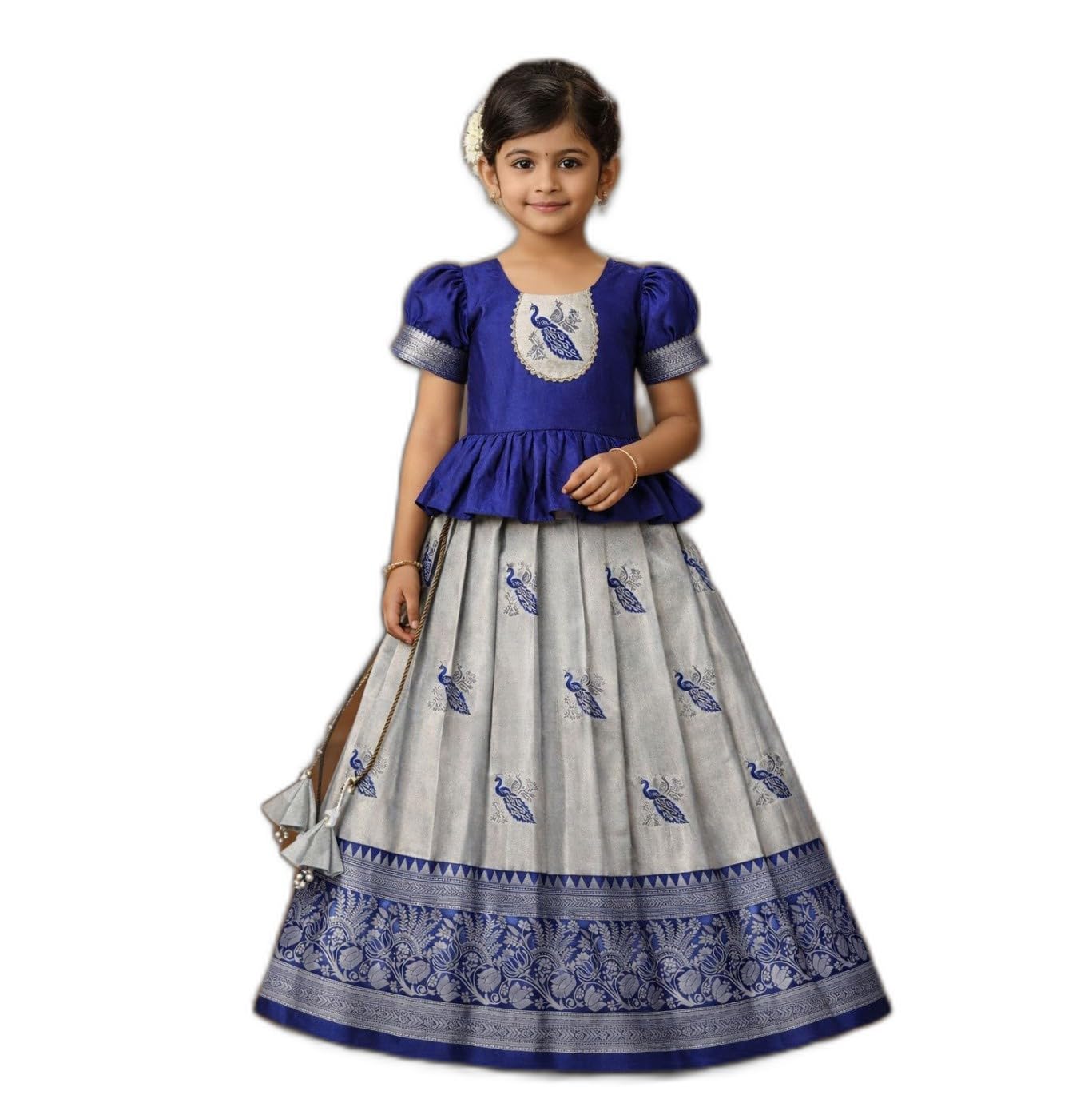 Ethzy Baby Girls Blue Jacquard Lehenga Choli Set | Traditional Ethnic Wear for Festivals | Comfortable Festive Outfit for Toddlers and Kids-image-16