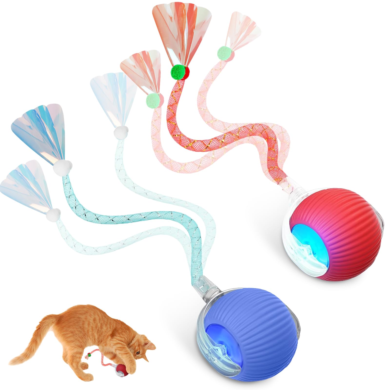 Interactive Cat Toys for Indoor Cats, Automatic Kitten Toys for Bored Indoor Adult Cats, Smart Kitten Rolling Ball Moving Balls Toy, Rechargeable Dog Cat Ball for Enrichment Exercise (Red+Blue)