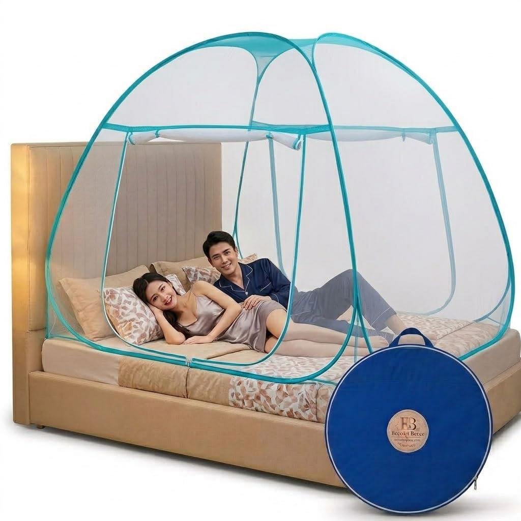 bed mosquito king size | double bed foldable machardani | premium polyester fine mesh | strong tent type design | washable & durable | sky blue