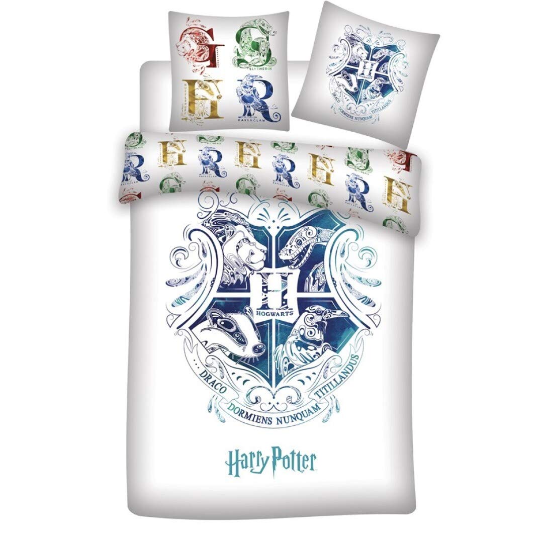 Harry Potter Set 3 Pezzi 140x200 + Federa 65x65 + Lenzuolo 90x190 Cotone | Copripiumino + lenzuolo 90x190 | Cotone naturale traspirante | Wizarding World | Teen | Regalo | Lavabile in lavatrice