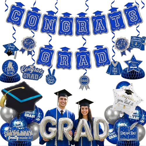 Image of Royal Blue Silver 2026 Graduation Party Decorations - Class of 2026 Grad Printed Balloons, Banner, Hanging Swirls, Table Centerpieces, Trophy Foil Balloons for College High School Graduation Prom