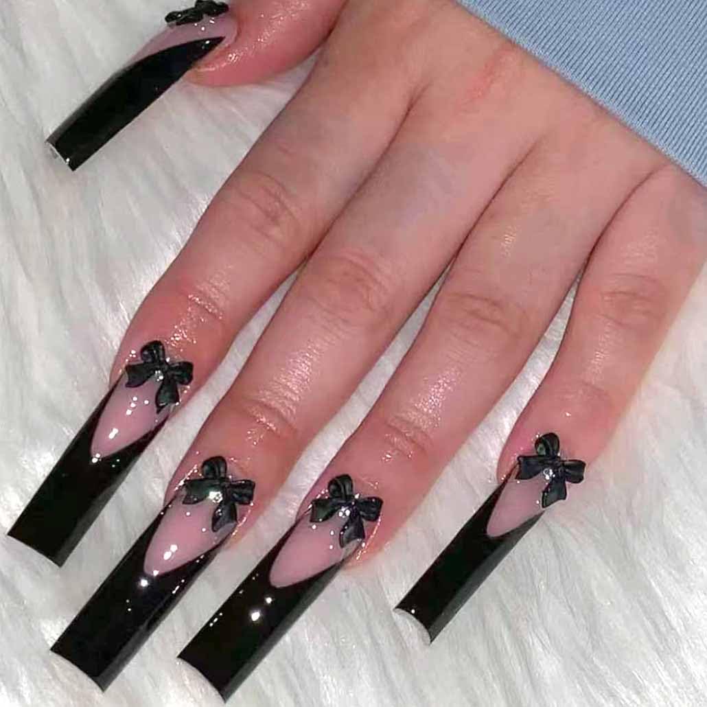 Foccna Black Press on Nails Long, Extra Long Clear Fake Nails French Square Acrylic False Nails,Artificial Nails for Women and Girls 24 pcs