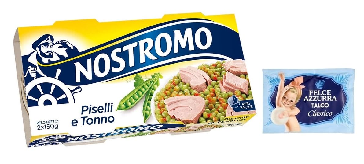 Confezione da 20 Nostromo Tonno e Piselli ,Piatto Pronto con Tonno e Piselli, Ogni Confezione Contiene 2 lattine da 150g + 1 Confezione di Talco Felce Azzurra in omaggio, Busta da 100g