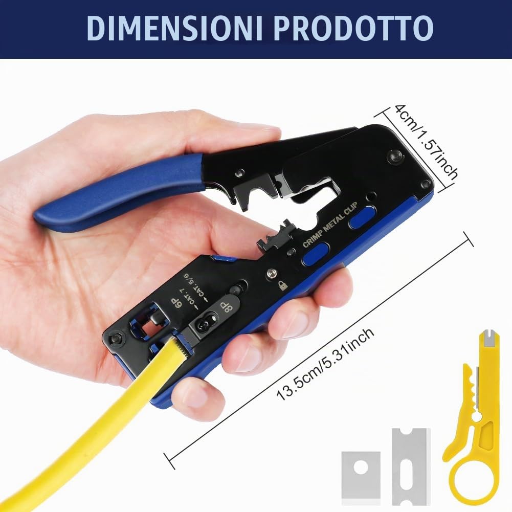 Pinza Crimpatrice RJ45 + 12 Spine Cat7 – Kit Per Rete LAN Per Cavi Cat 7/6/6a