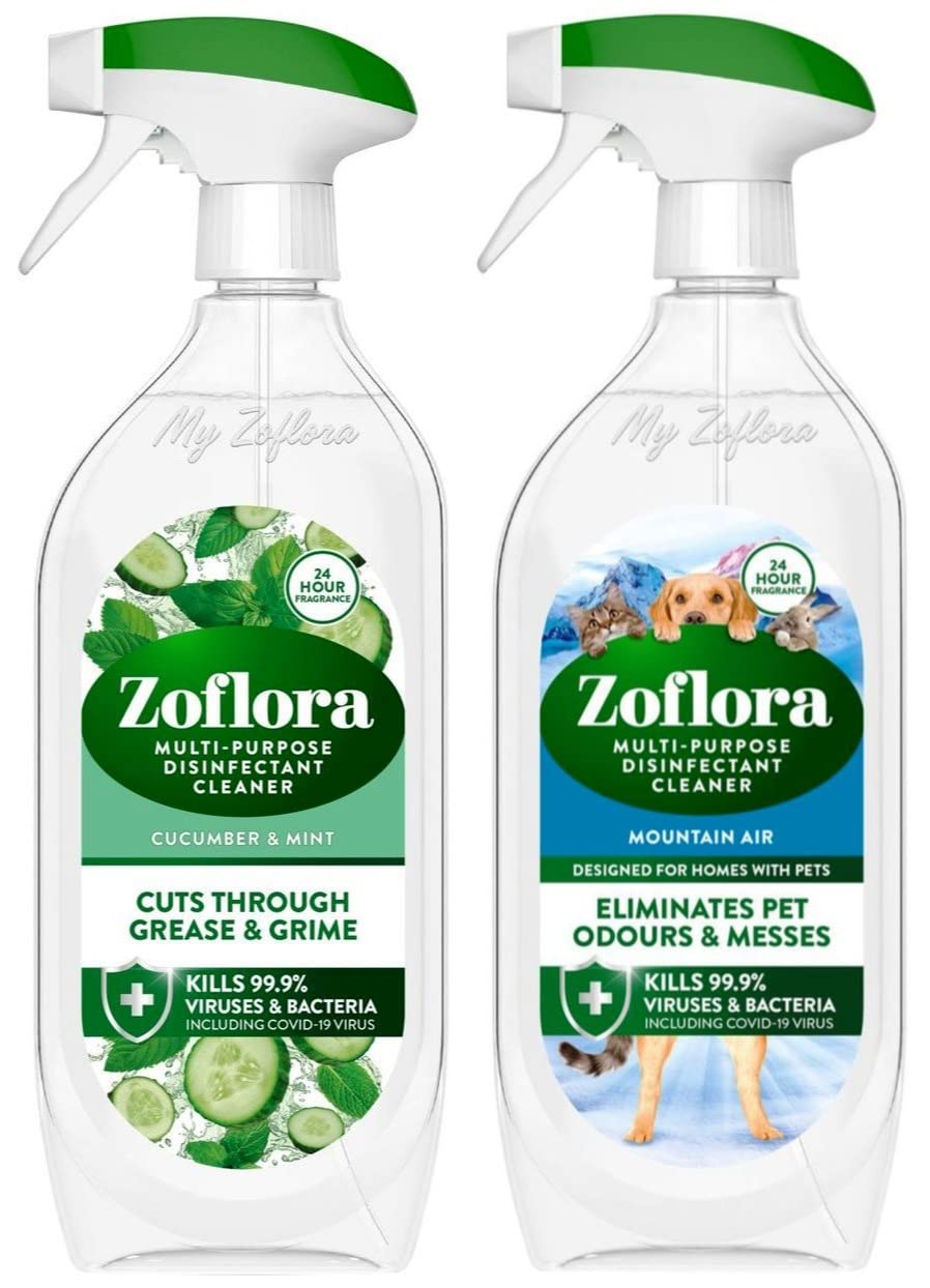Zoflora Multi Purpose Disinfectant Cleaner Spray, 800 ml, Cucumber & Mint Scent + Zoflora Multi Purpose Disinfectant Cleaner Spray, 800 ml, Mountain Air Scent