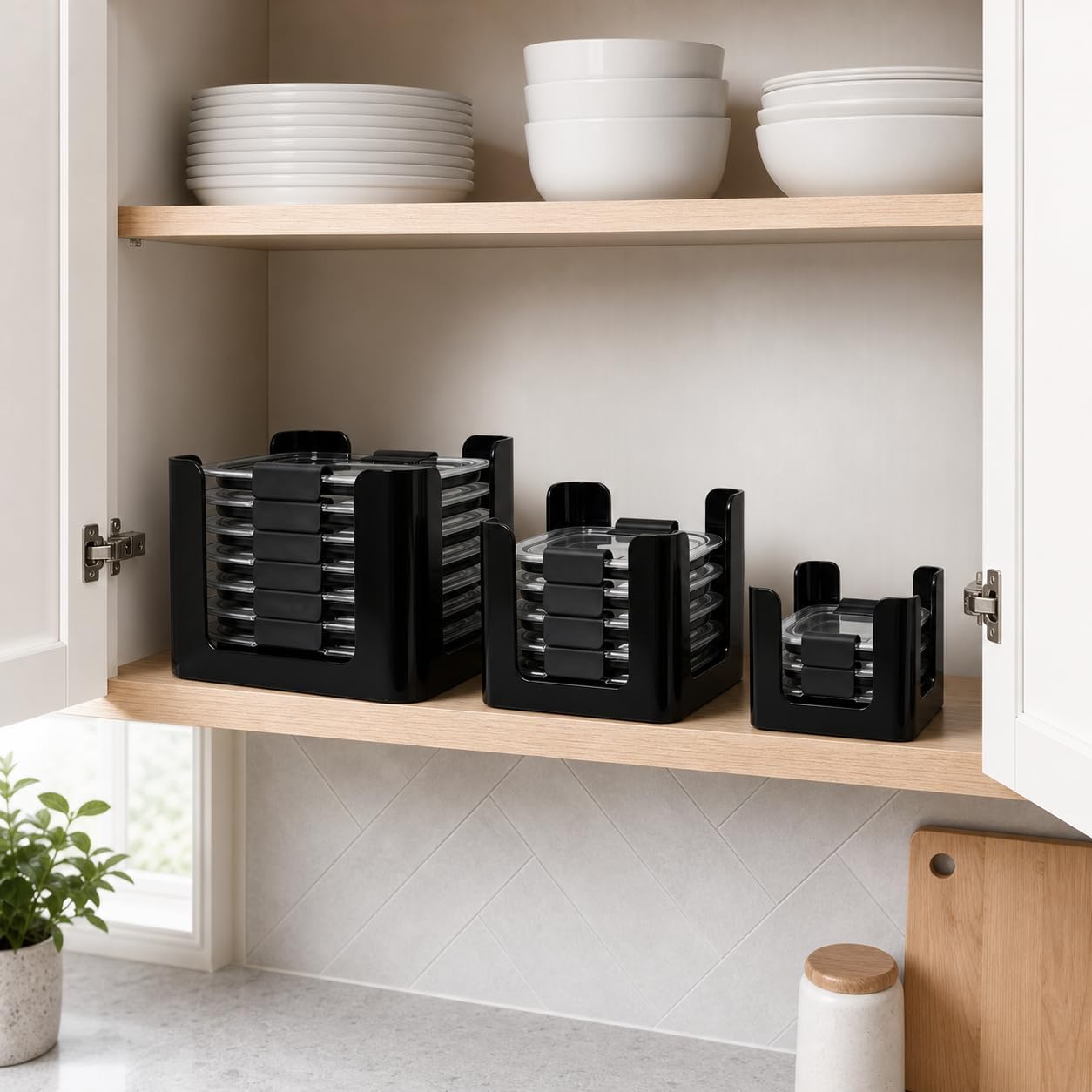 Lid Organizer for Rubbermaid Brilliances nap-on lids Kitchen Cabinet Storage - Holds 24 Lids for 4.7 Cup, 3.2 Cup, 1.3 Cup & 0.5 Cup Containers - Black (Set of 3)