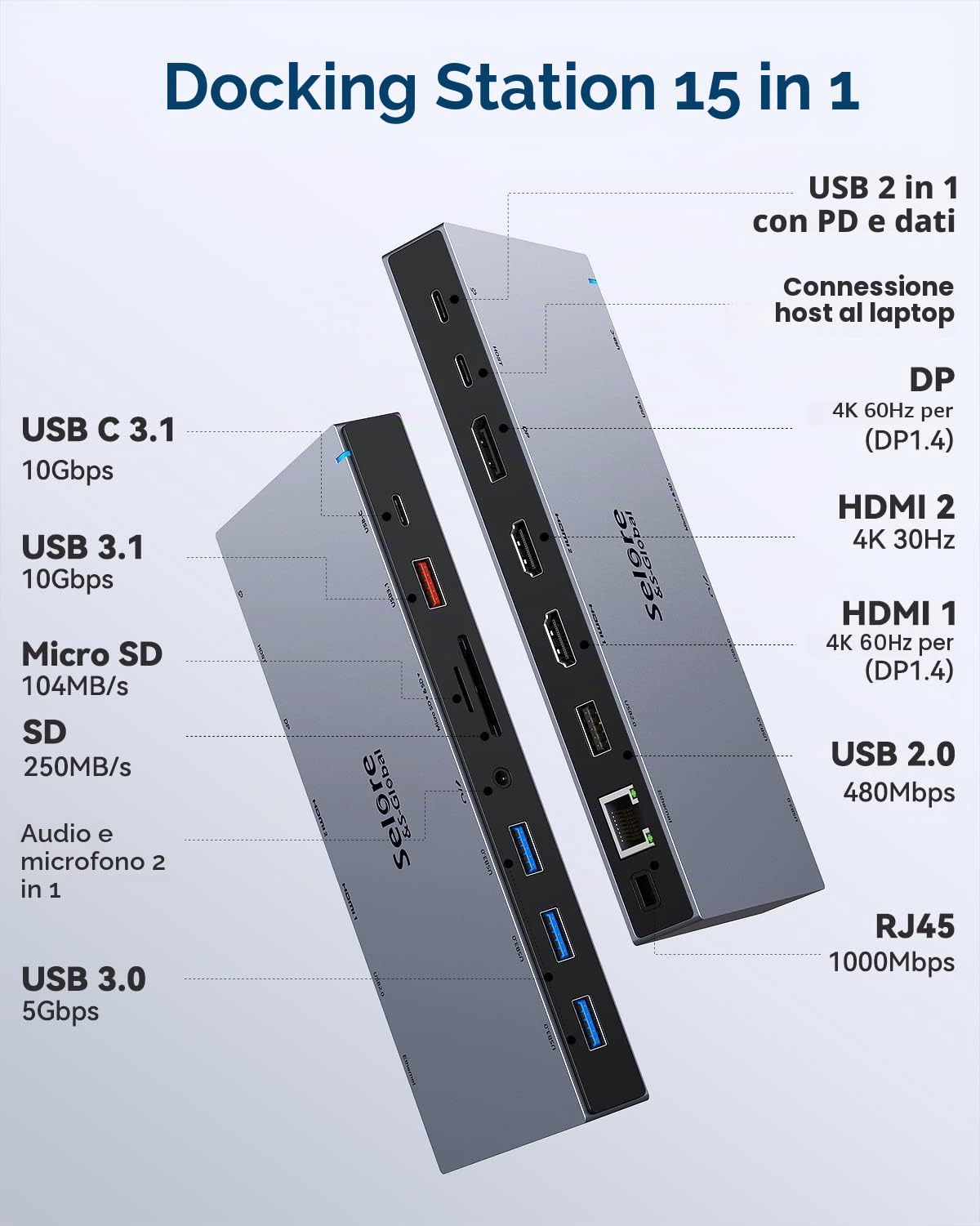 Docking Station With 65W USB C Hub - 3 Monitor With 4K Dual HDMI, 4K DisplayPort, 100W PD, Gigabit Ethernet, 10Gbps Data, 3.1/3.0/2.0 Ports, SD/TF, 3.5mm Audio/Mic