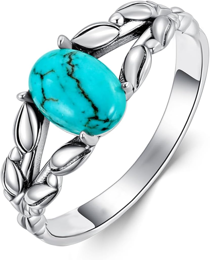 Genuine Turquoise Rings for Women Vintage 925 Sterling Silver Oval Authentic Gemstone Leaf Boho Ring Jewelry