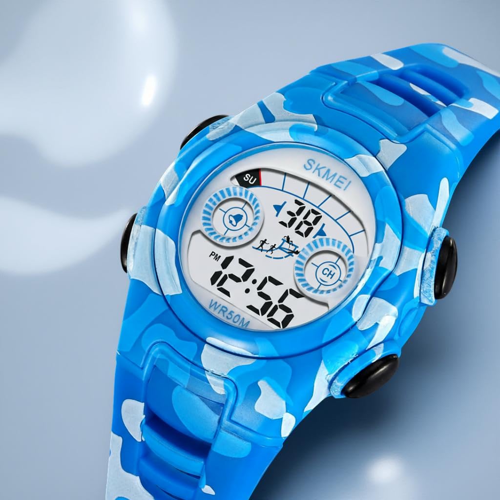 Kant view of SKMEI Kids Digital Watch showing four control buttons: Light, Mode, Start, Reset.