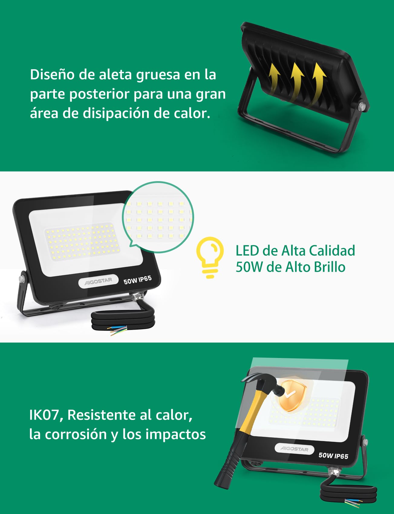 Aigostar Foco LED Exterior 50w 4500LM, Focos Proyectore LED Exterior Impermeable IP65, 84 LEDs, 6500K Blanco Frío para Garaje,Jardín,Patio,Parque. 2 Piezas