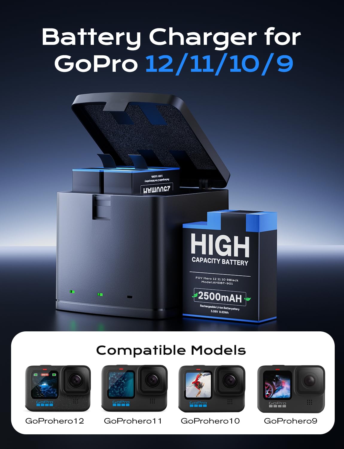 Lot de 3 Batteries Rechargeables pour GoPro Hero 12, 11, 10 et 9 avec kit de Chargeur USB à 3 Ports, Batteries de Remplacement Haute capacité de 2500 mAh (Lot de 3 Batteries + Ladegerät)
