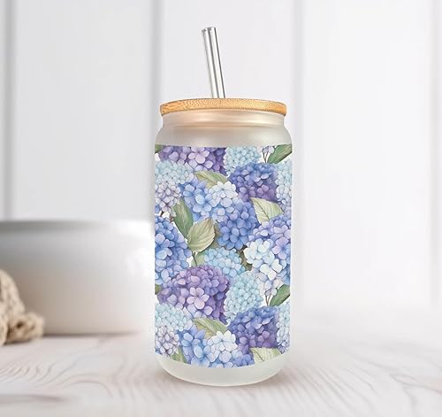 Miniatura 7 de Blue &Purple Hydrangeas Garden Frosted Glass Can with Bamboo Lid, straw and cleaning brush, 16 Oz Floral Glass Cup Mugzan