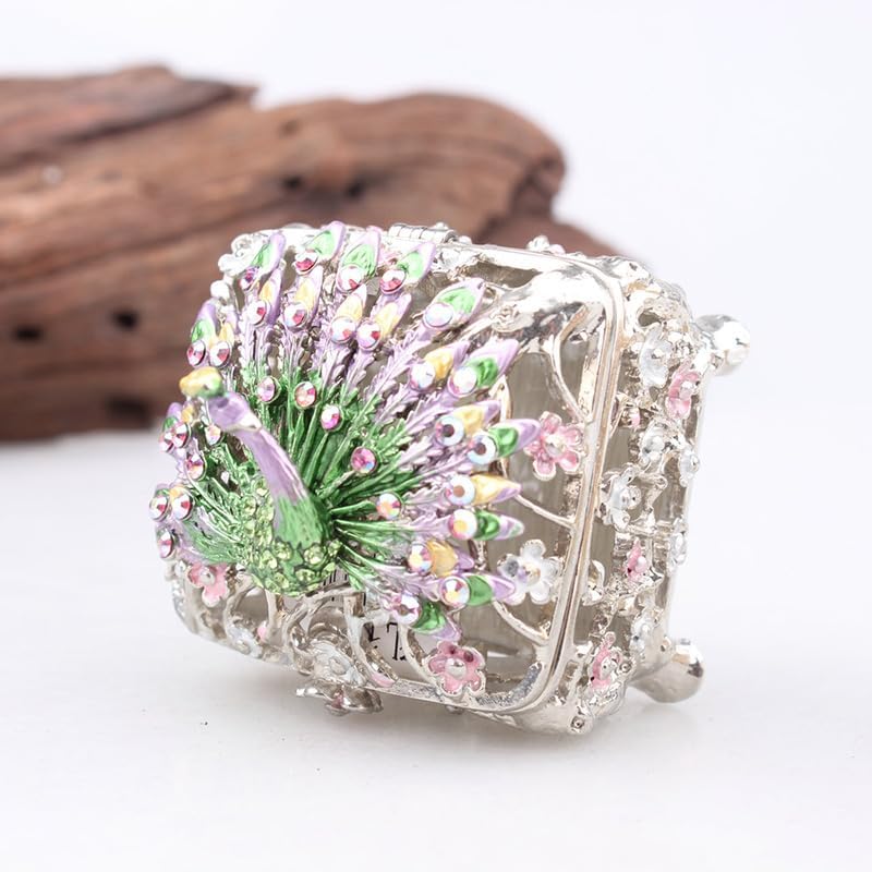 HUFFA Peacock Art Ring Jewelry Box - Elegant Metal Enamel Storage Container for Home Decoration(White)