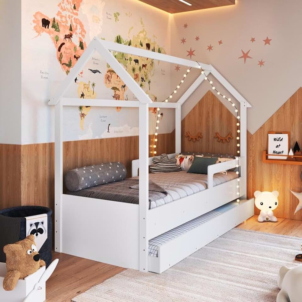 Cama Infantil Montessoriana Bicama Casinha Menino Menina Solteiro 196cm com Proteção Lateral e Cama Auxiliar Branca