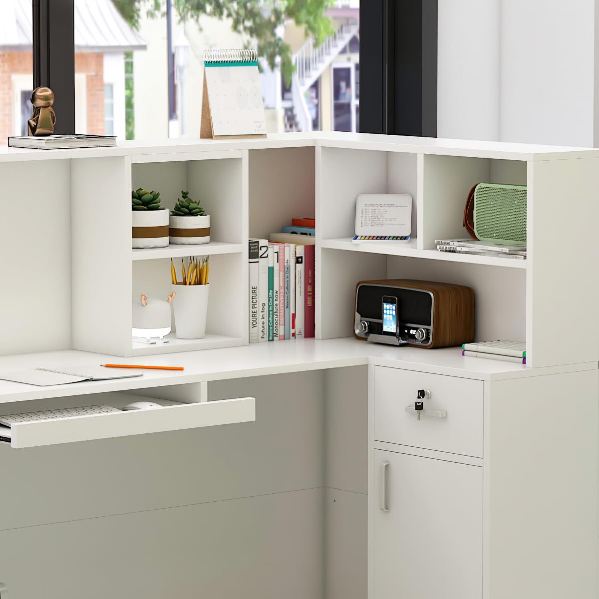 Mesa de Oficina con Bandeja para Ordenador y Estante Extraíble, Mueble Recepción con 1 Cajón y 1 Armario, Mostradores de Recepción, Mostrador Basic,‎ 80 x 140 x 120 CM, Blanco, MDF