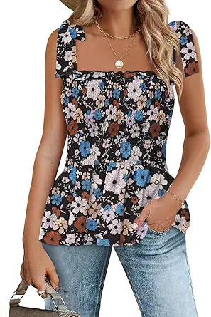 Micoson Ruffle Tank Tops for Women Summer Square Neck Sleeveless Tops Tie Shoulder Chiffon Blouse Babydoll Shirts