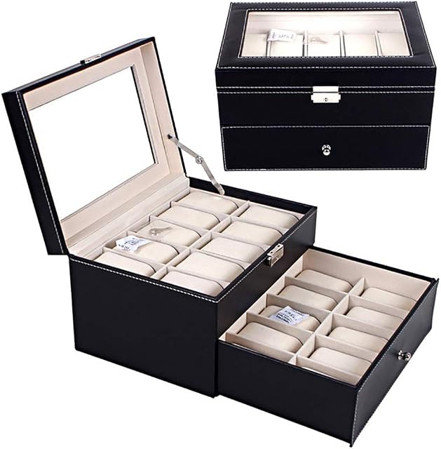 Watch Box, FOME 20 Slots PU Leather Double Layer Storage Organizer for Watch Lockable Watch Case Jewelry Display Box with 20 Removable Pillows Framed Glass Lid for Men Women