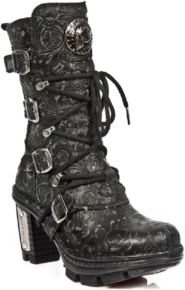 New Rock NEOTR005-S25 Ladies Leather Boots Vintage Floral Black Gothic Rock Punk