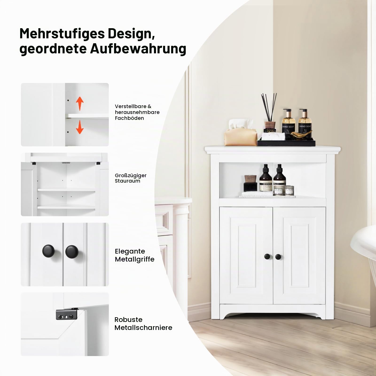 VEVOR Eckschrank Aufbewahrungsschrank mit 3-stufiger Regalen Mehrzweckschrank (845 mm Hohe) mit 2 Holztüren und verstellbaren Regalen, freistehender Küchenschrank für Wohnzimmer Waschküche, weiß Bürobedarf & Schreibwaren