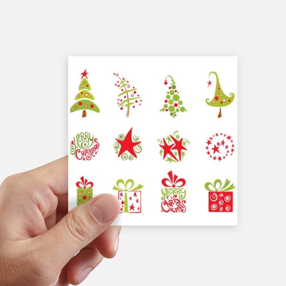 Autocollant carré de 10 cm avec illustration arbre de Noël rouge multicolore durable