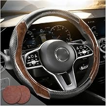 Wood Grain Steering Wheel Cover with Coasters Universal 14.5-15 inch