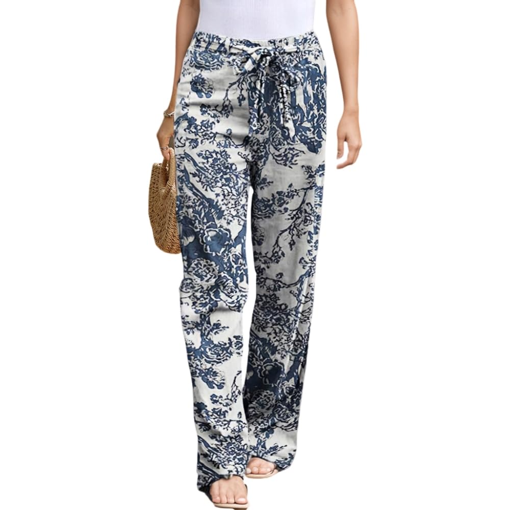 TIAFORD Womens Casual Cotton Linen Floral Print Elastic Waist Beach Pants Loose Wide Leg Drawstring Trousers with Pockets
