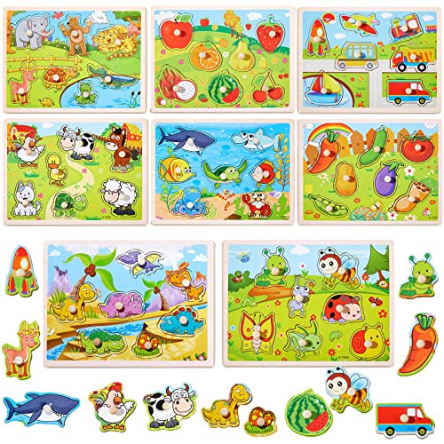 8 Pack Wood Puzzles for Toddlers 1 2 3 4 Years Wood Puzzles Peg Puzzles for Toddlers Wood Toddler Puzzles with Animal Vehicle Fruit Shapes