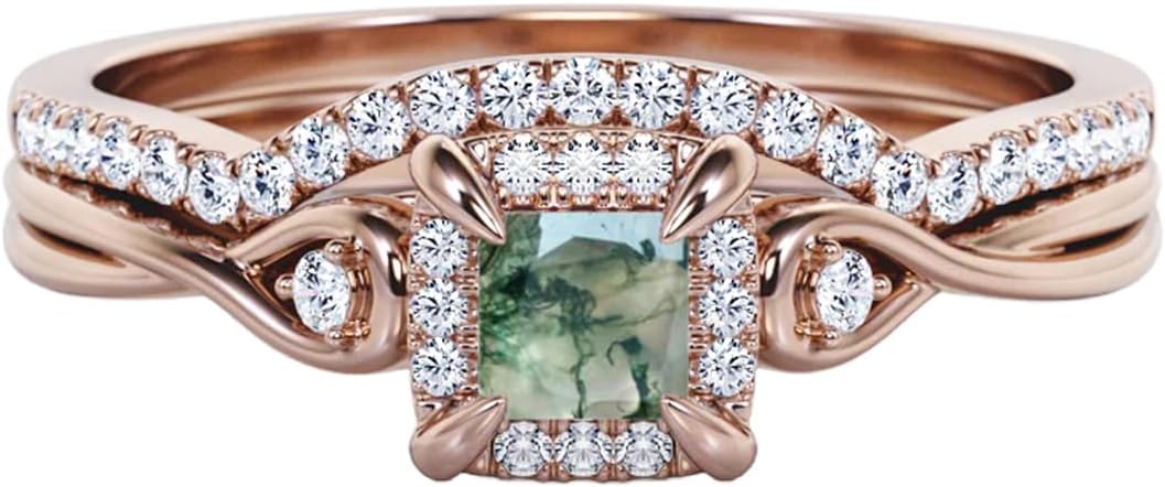 Natural Moss Agate Wedding Ring Set for Women 925 Sterling Silver 10K 14K 18K Gold Bridal Ring Set with 1CT Princess Cut Moss Agate Halo Engagement Ring Set for Women