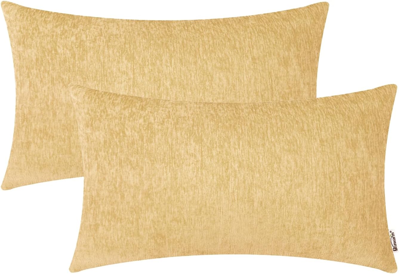 BRAWARM Chenille Throw Pillow Covers 12x20 Inches - Gold Chenille Lumbar Pillow Covers Pack of 2, Solid Dyed Soft Chenille Pillow Cases for Couch Sofa Bed Home Decoration 12 X 20 Inches - 2Pcs Gold