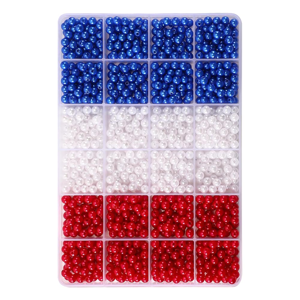 FSSTUD 1200 Pcs 6mm Red Blue White Plastic Beads Independence Day Round Bead Small Pearlized Beads 4th of July Bracelet Bead Patriotic Pearl Beads for DIY Crafts