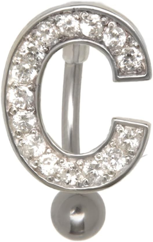 925 Sterling Silver Letter C Crystal Belly Button Stud Surgical Steel