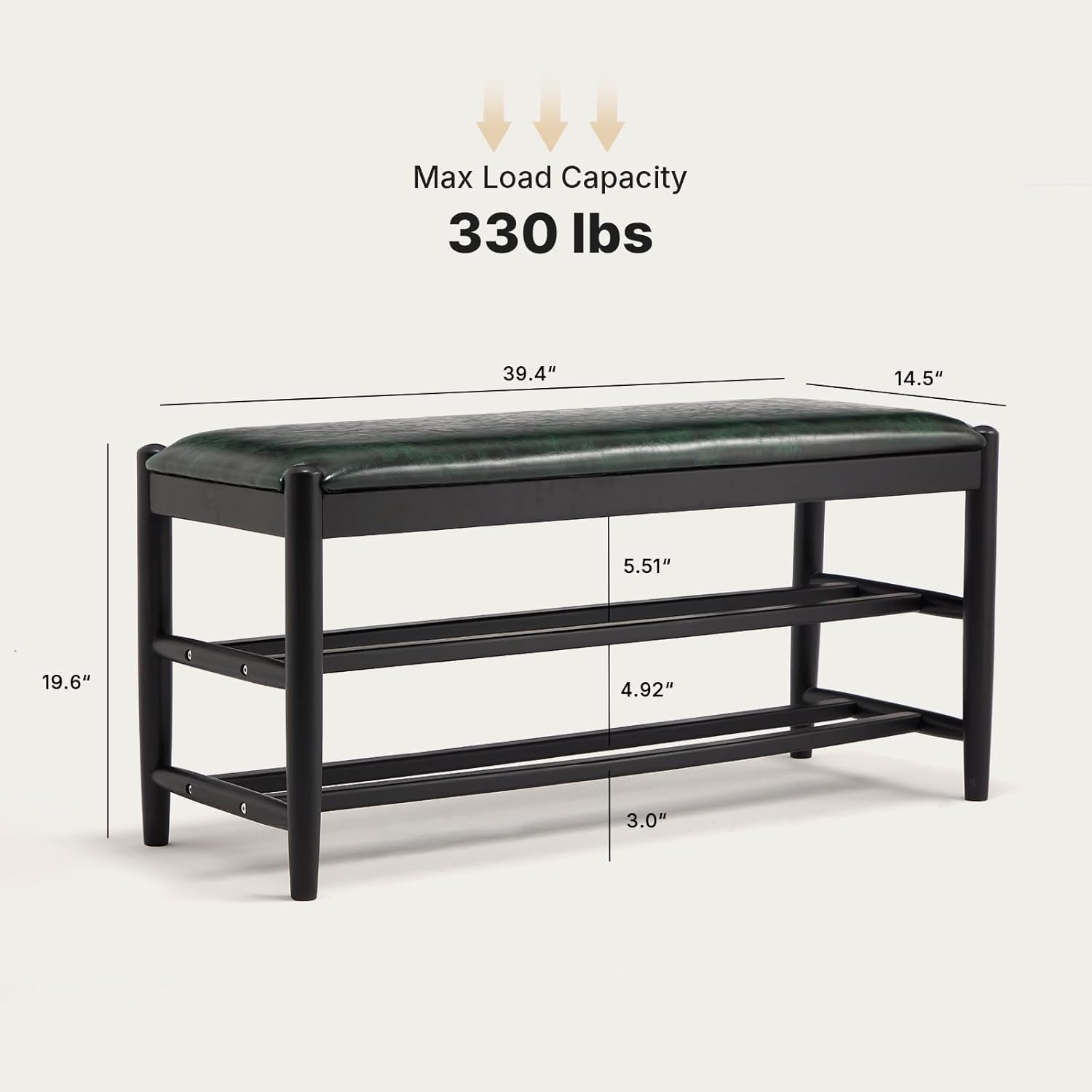 Shoe Bench, Solid Oak Wood Entryway Bench with Storage, 3-Tier Shoe Storage Bench with PU Leather Seat, Mid Century Shoe Rack Benches for Hallway, Bedroom, Living Room, 39.4" Blackish Green