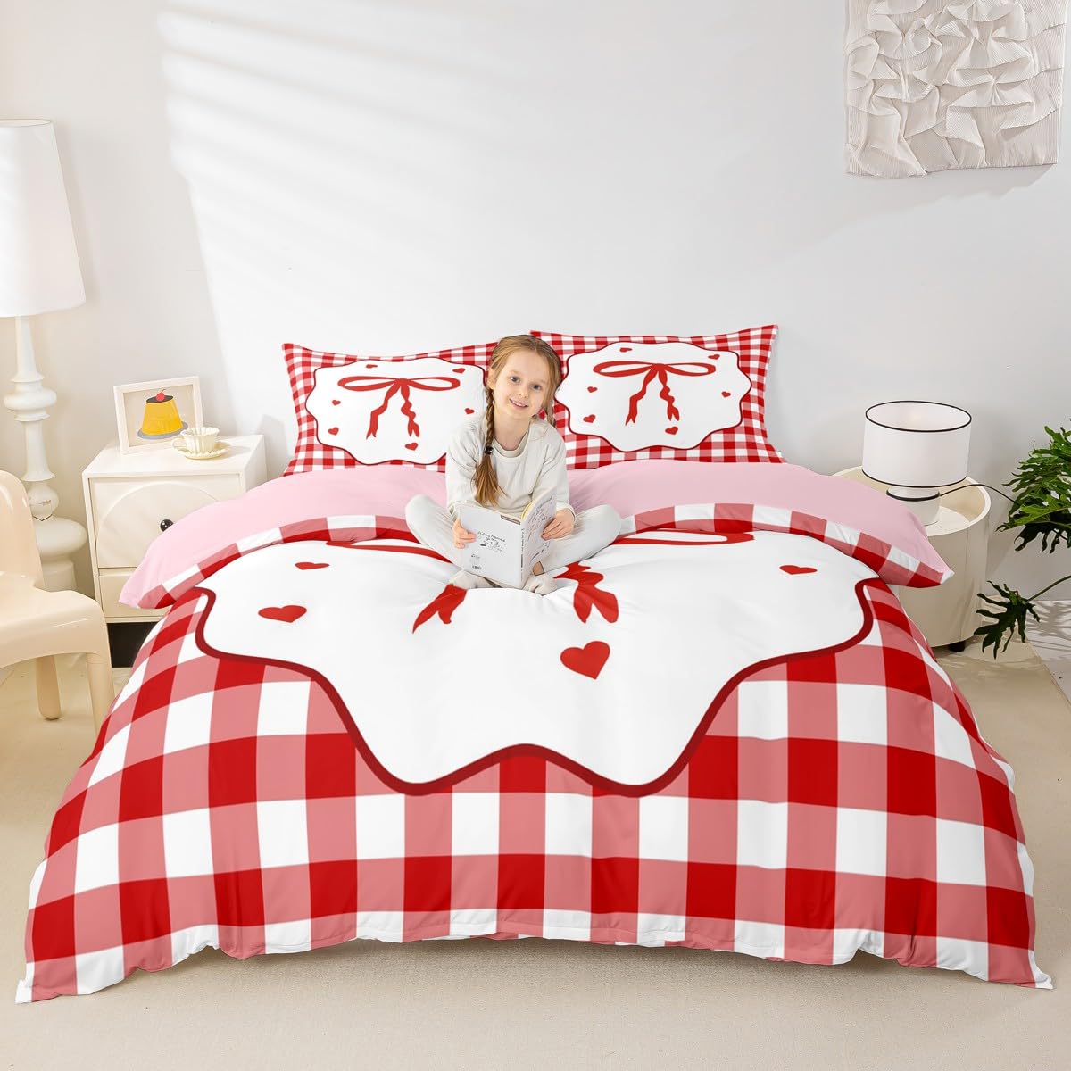 Housse de couette imprimée nœud rouge blanc enfant fille garçon parure de lit princesse 3 pièces