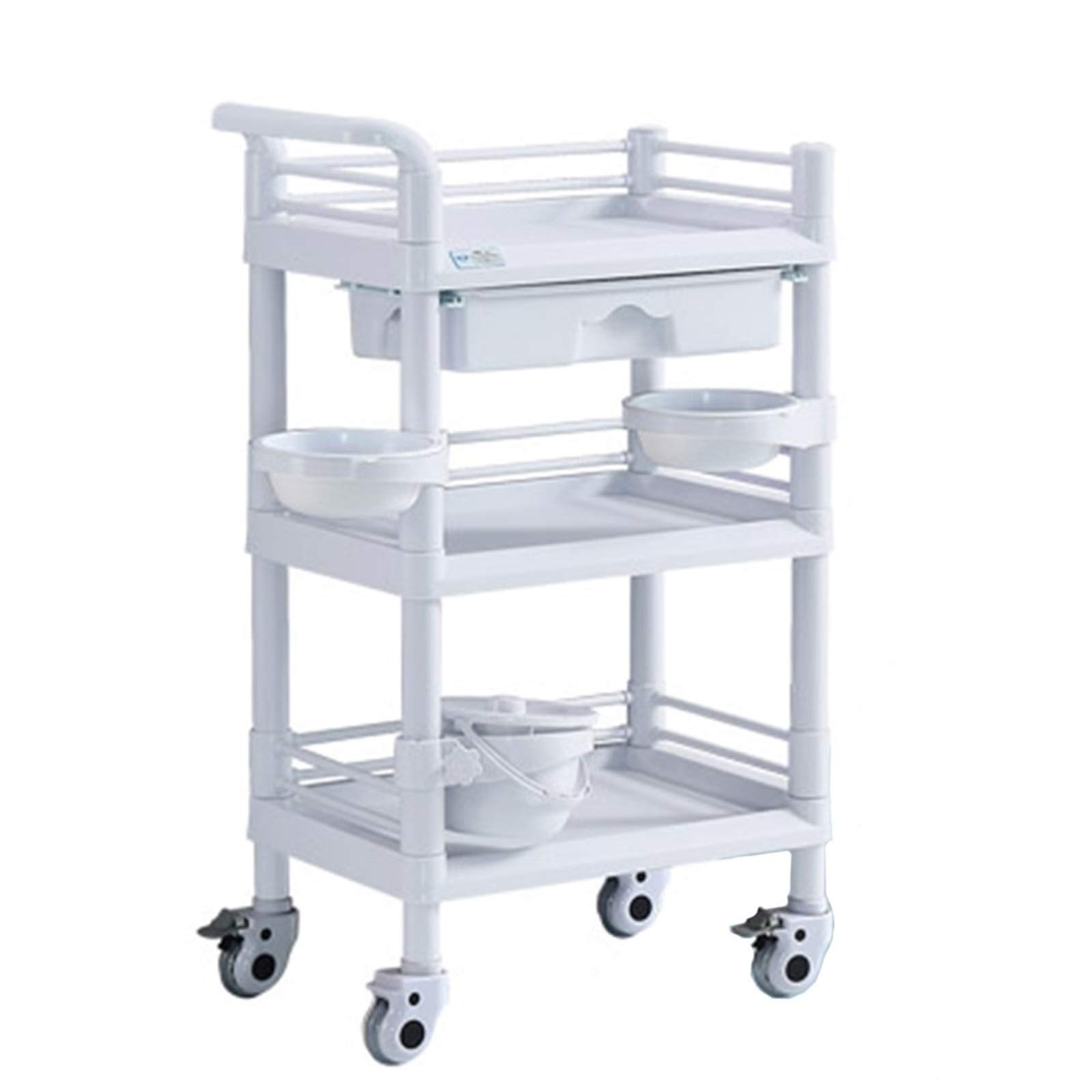 asdchZen Utility Cart Organizer Service Cart Large 3-Shelf With Drawer & Dirt Bucket, Abs Plastic Serving Trolley For Laboratory//Beauty, Load-150Kg